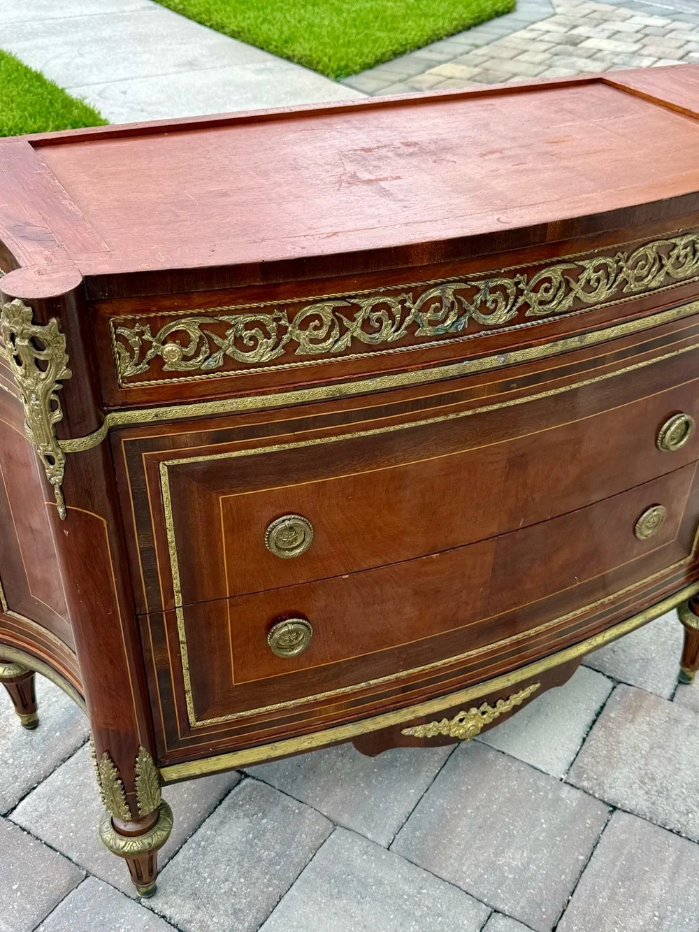Vintage Brass-Accented Mahogany Accent Dresser - Brown and Gold